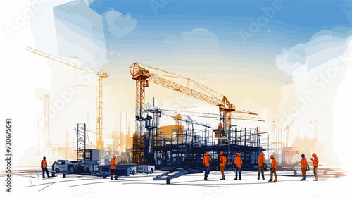 Vector art background depicting a group of diverse workers collaborating in a construction site  showcasing teamwork  safety gear  and construction elements. simple minimalist illustration creative