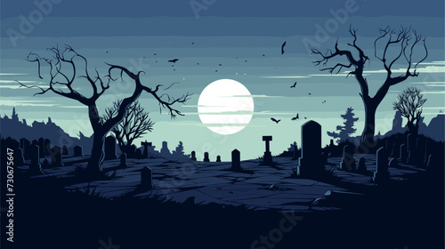 Halloween-themed vector illustration featuring a spooky graveyard with gravestones  ghosts  and a full moon  creating an eerie and atmospheric scene. simple minimalist illustration creative