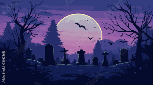 Halloween-themed vector illustration featuring a spooky graveyard with gravestones  ghosts  and a full moon  creating an eerie and atmospheric scene. simple minimalist illustration creative