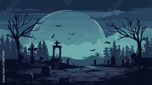 Halloween-themed vector illustration featuring a spooky graveyard with gravestones  ghosts  and a full moon  creating an eerie and atmospheric scene. simple minimalist illustration creative