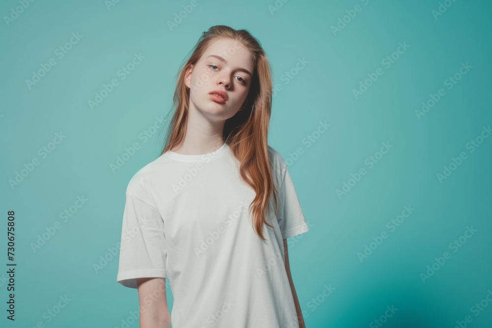 Studio shot of a young woman with blank white t-shirt. T-shirt mockup design Studio shot of a young woman with blank white t-shirt. T-shirt mockup design