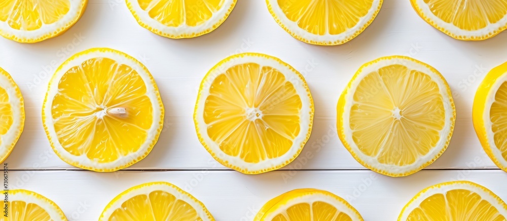 Top view of fresh lemon slices arranged in a pattern on a white wooden background.
