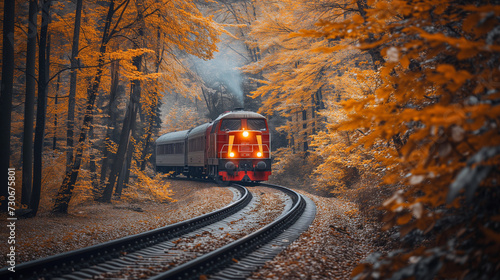 Autumn Journey by Train Through Forest with Orange Leaves