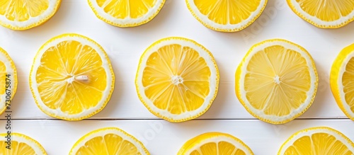 Top view of fresh lemon slices arranged in a pattern on a white wooden background.