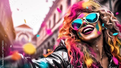 A woman with vibrant, colorful hair wearing sunglasses, giving a fun and stylish look.