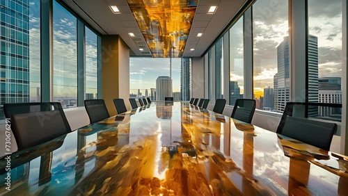The conference room tables are adorned with rich abstract patterns a result of the mesmerizing reflections of the citys skyline. photo
