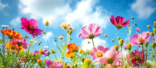 An astounding presentation of nature's colors: vibrant flowers bloom against a blue sky.
