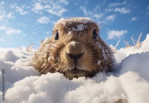 A detailed view of a small animal in its natural habitat, navigating the snowy terrain.