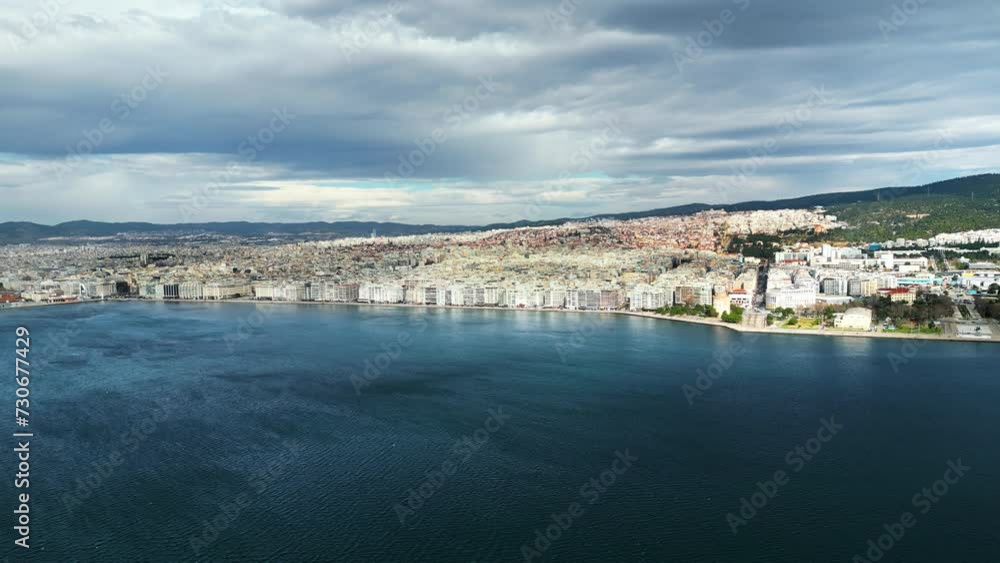 Aerial drone view of Thessaloniki coastline. Blue sky. The Aegean Sea in Central Macedonia in Greece Aerial drone view of Thessaloniki coastline. Blue sky. The Aegean Sea in Central Macedonia in Greece