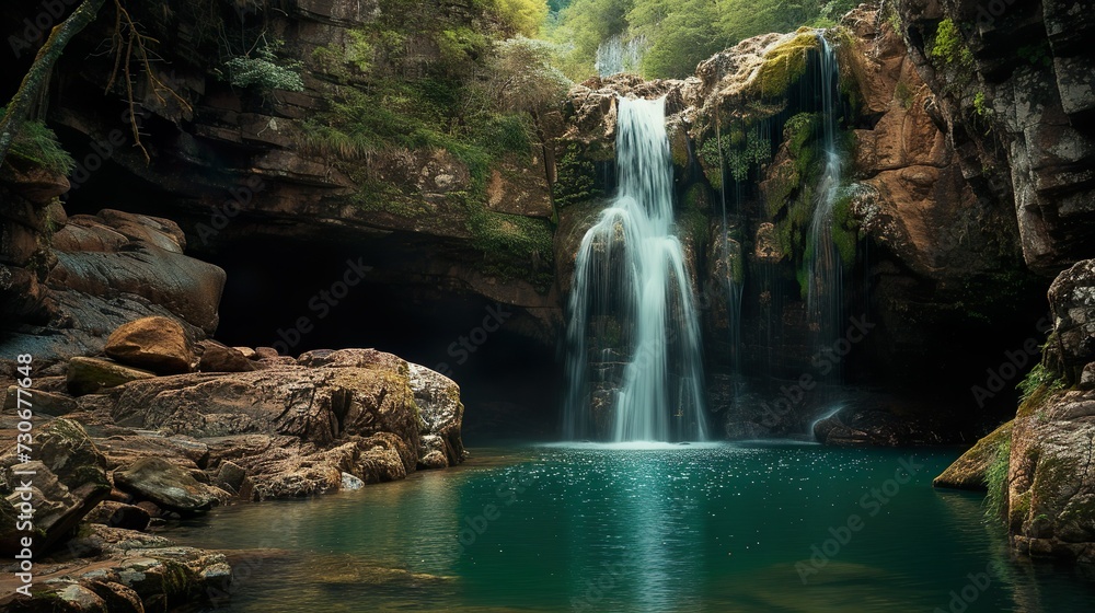 Waterfall nestled in a cove of ragged rocks flowing into an emerald pool of water made with Ai generative Waterfall nestled in a cove of ragged rocks flowing into an emerald pool of water made with Ai generative