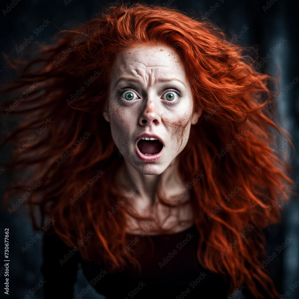 Closeup of woman screaming in terror on dark background. Very frightened.