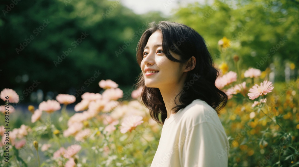 花畑で微笑む美しい女性 花畑で微笑む美しい女性