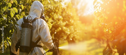 Man in coveralls with gas mask sprays toxic pesticides on fruit orchard using motorized backpack atomizer sprayer in spring. photo