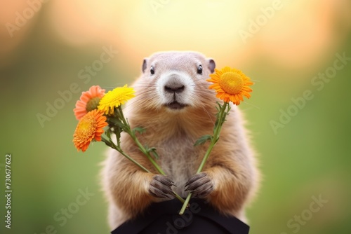 A groundhog standing on its hind legs, holding a bouquet of flowers in its paws.