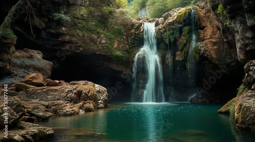 Waterfall nestled in a cove of ragged rocks flowing into an emerald pool of water made with Ai generative