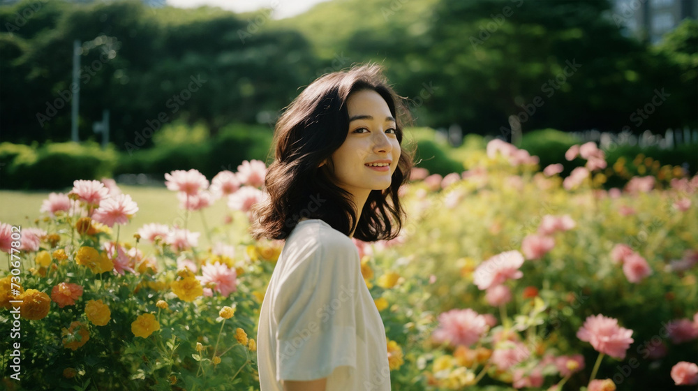 花畑で微笑む美しい女性 花畑で微笑む美しい女性