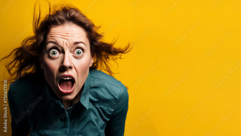 Very scared and amazed beautiful woman screaming with wide open eyes on yellow background.