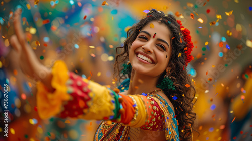 Festive and energetic Hindu female dancer performing at an outdoor celebration event. Confetti in the air and colorful attire completes the festivities. 