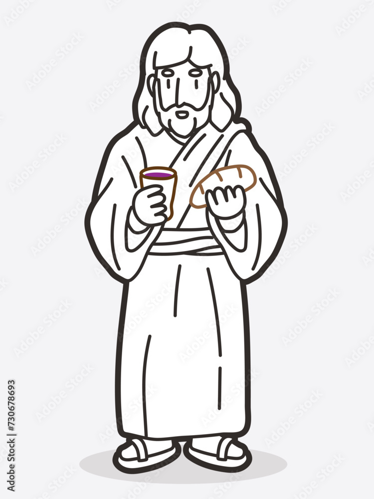 Jesus Celebrates Holy Communion with Bread and Wine Cartoon Graphic Vector