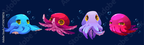 Octopus cartoon character set. Cute funny childish underwater animal with different face emotions and water bubbles. Vector illustration collection of swimming adorable baby kraken with tentacles.