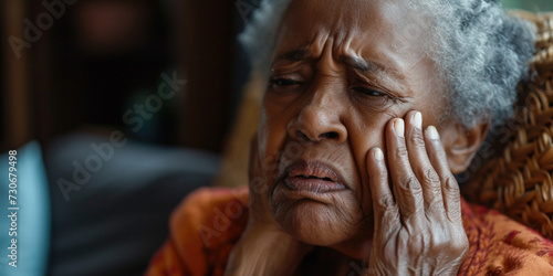 Old woman suffers acute toothache, periodontal disease, cavities or jaw pain almost crying with pain ache. Senior African-American old lady pressing sore cheek photo