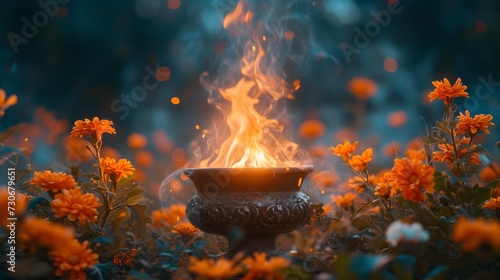 Flower Power: A Glowing Fire Pit in a Garden Setting Generative AI