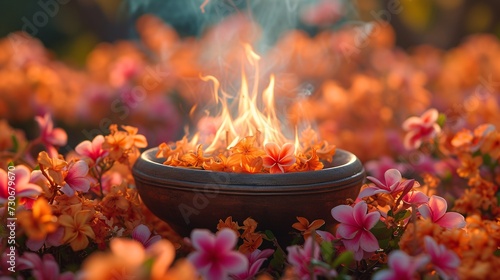 Pink Flower Petals and Orange Fire: A Fiery Flower Arrangement for a September Night Generative AI