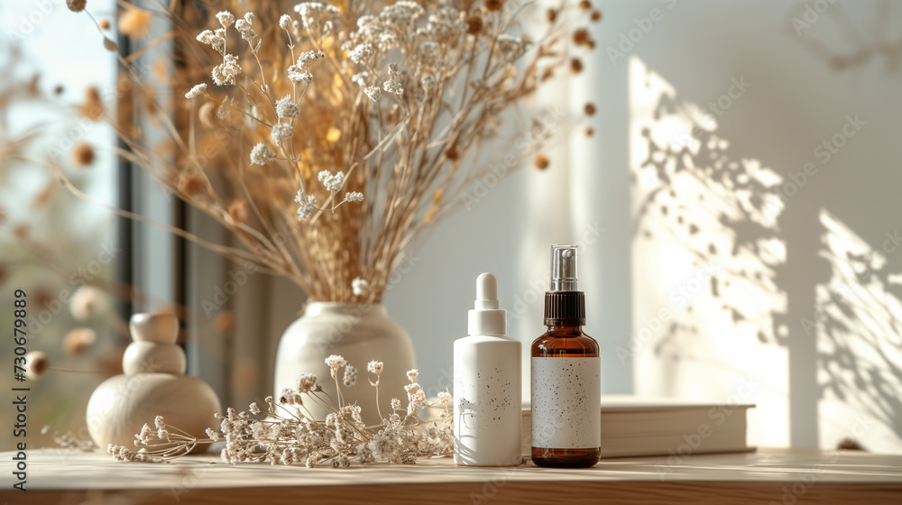 Health spa details with refreshing spray bottles of essential oil infused room sprays. Health spa details with refreshing spray bottles of essential oil infused room sprays.