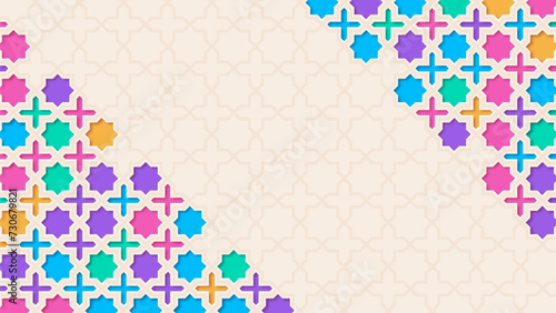 colorful ornamental pattern stone relief in the Arabic architectural style of an Islamic mosque, serving as a greeting card for Ramadan, Hari Raya, Eid Mubarak and Eid al-Adha.