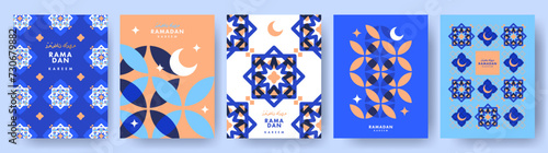 Ramadan Kareem poster, holiday cover set. Islamic greeting card, banner template. Arabic text mean Ramadan Kareem. Modern design with geometric pattern overlay effect in blue and trendy peach colors