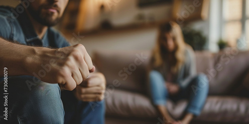 Man threatening kid daughter with his fist. Scared child sitting together on sofa couch in scare. Selective Focus on male hand. Child abuse anger and domestic violence concept. photo