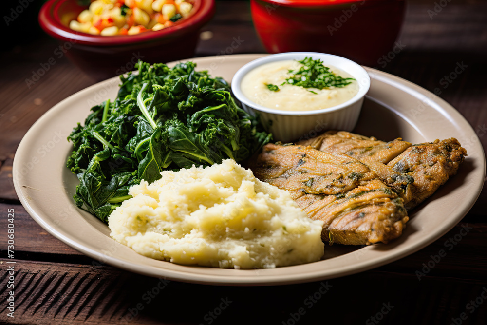 Traditional East African food - ugali, fish and greens Traditional East African food - ugali, fish and greens