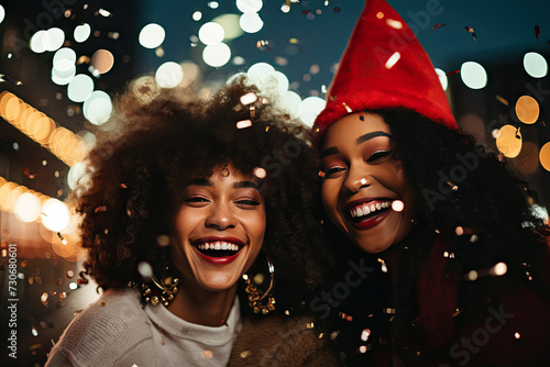 two friends wearing santa hats and blowing confetti balloons, candid celebrity shots, uhd image, afro-colombian themes, photobash, bokeh, xmaspunk photo