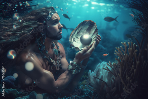 Underwater Discovery, Man Holding Seashell, Mystical Marine Exploration