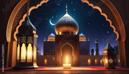 mosque at night. eid mubarak greeting card