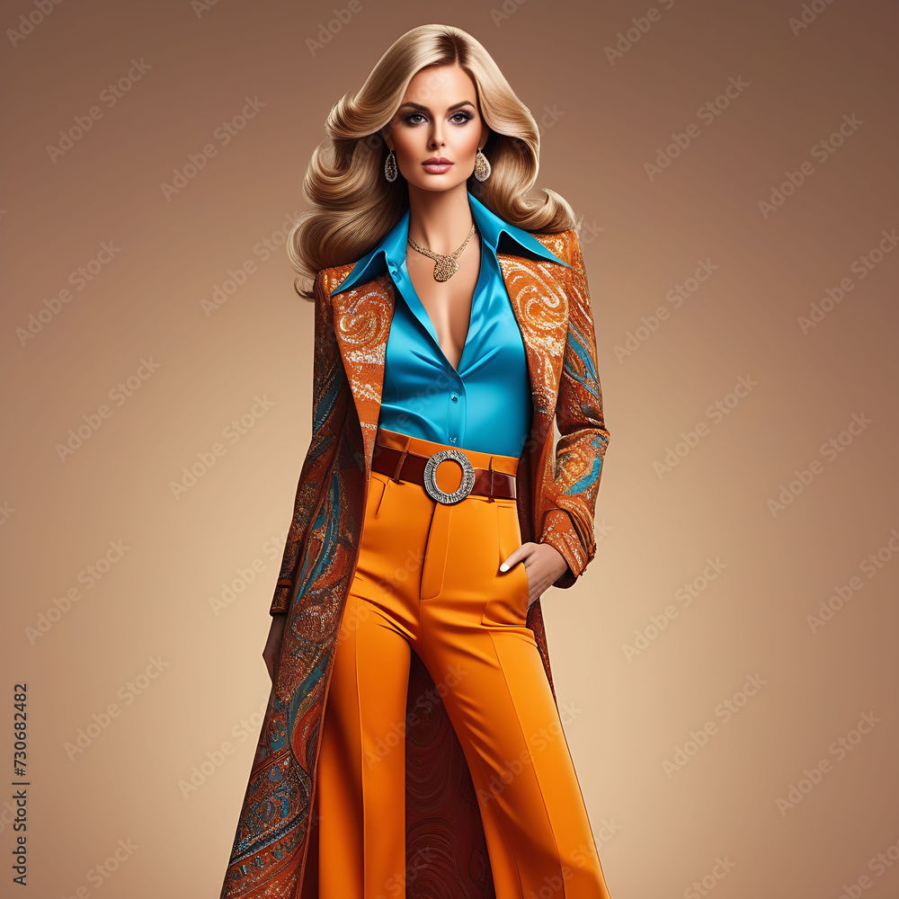 A female model from the 1960s and 70s is dressed in retro style, generated AI. A female model from the 1960s and 70s is dressed in retro style, generated AI.