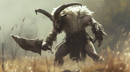  "Epic Guardian: The Strong Goat Humanoid, Clad in Tanky Armor, Wielding a Brutal Melee Weapon in the Field"     © Eshan