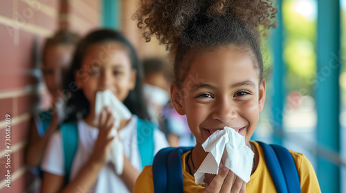 Hygiene Practices at School. Kids sneezing into white tissue outside the classroom. photo