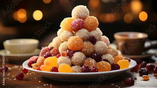 Stack of traditional Indian laddoos arranged in a plate on a table. Festive atmosphere with bright colors. photo