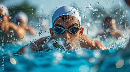 Closeup of a competitive male swimmer athlete in water.
