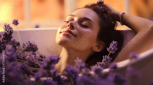 Portrait of a woman relaxing in a SPA surrounded by lavender flowers