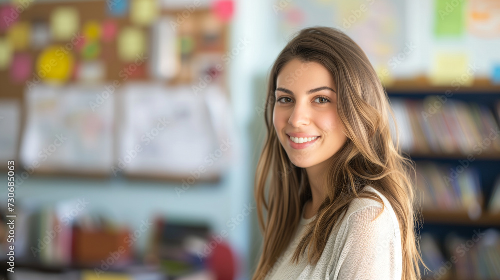 a beautiful young school teacher standing in the classroom a beautiful young school teacher standing in the classroom