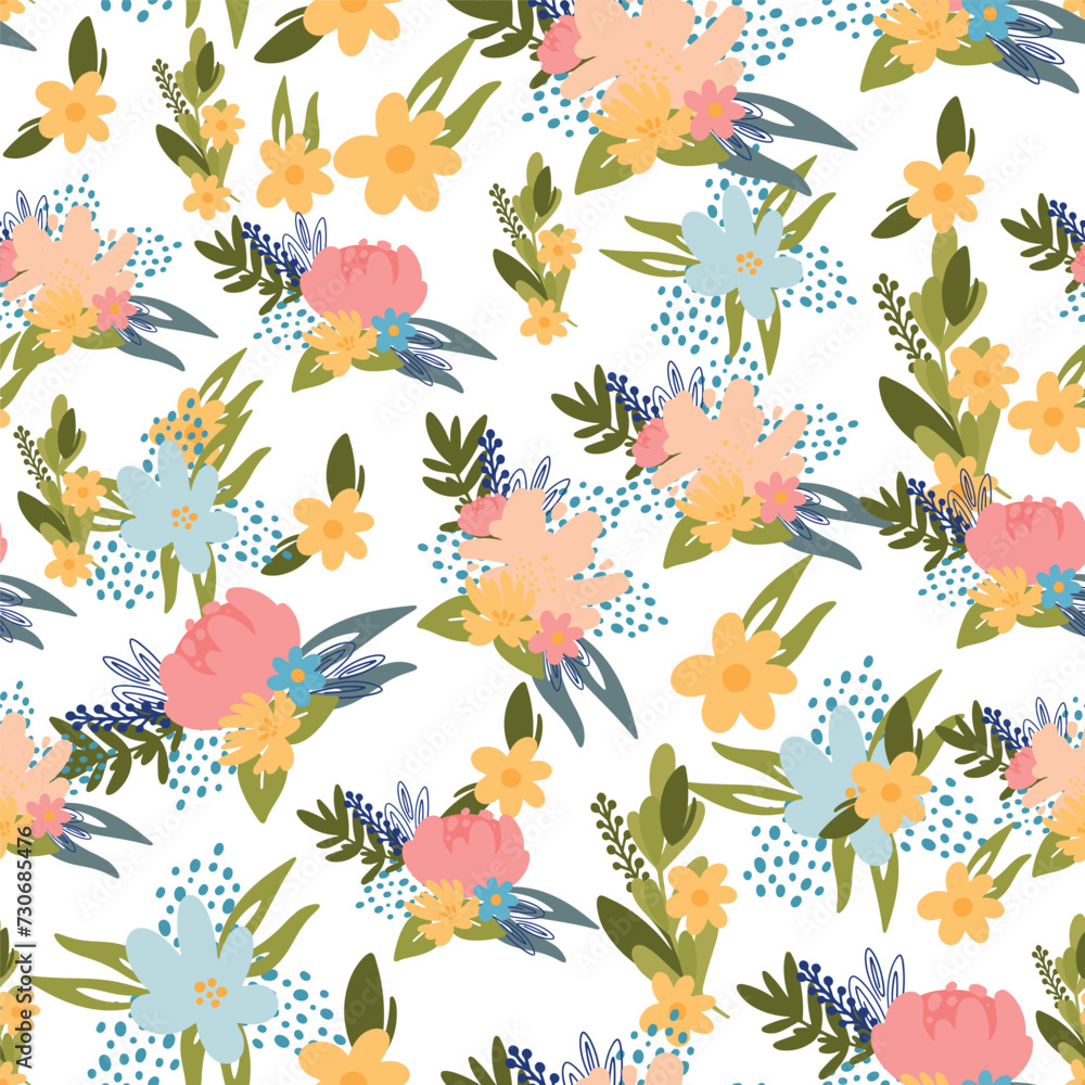 Seamless floral pattern, vector illustration on a white background. Suitable for textiles, wallpaper, printing, stylish modern pattern for all surfaces