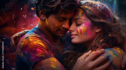 Young boy and girl in Holi colors. Lovers gently hug and kiss each other