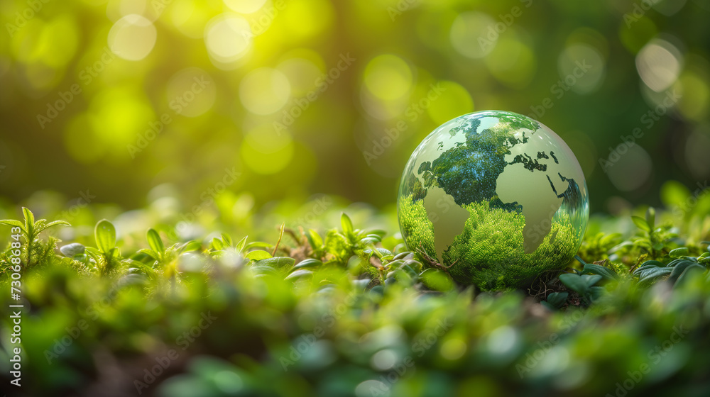 Glass earth globe on green grass with copy space. Concept for eco friendliness. Glass earth globe on green grass with copy space. Concept for eco friendliness.