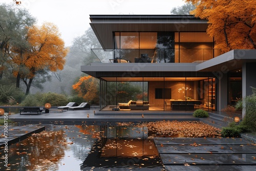 Autumnal Abode: A Modern Home with a Touch of Nature Generative AI