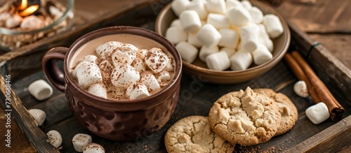 Serving homemade hot chocolate with cookies and marshmallows on a vintage tray.