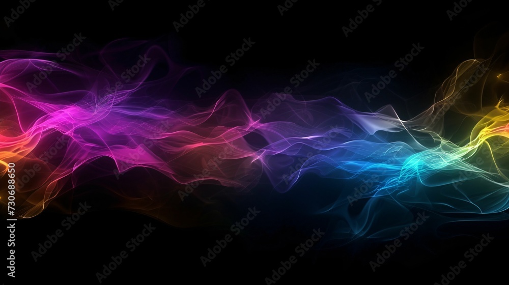 Formes d'ondes lumineuses et colorées sur fond noir, arrière plan graphique, illustration ia générative