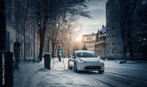 charging an electric car in the snow at a charging station