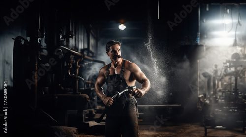 male plumber with a mustache fixes a pipe in the basement in steam and splashes, a water pipe is leaking.
